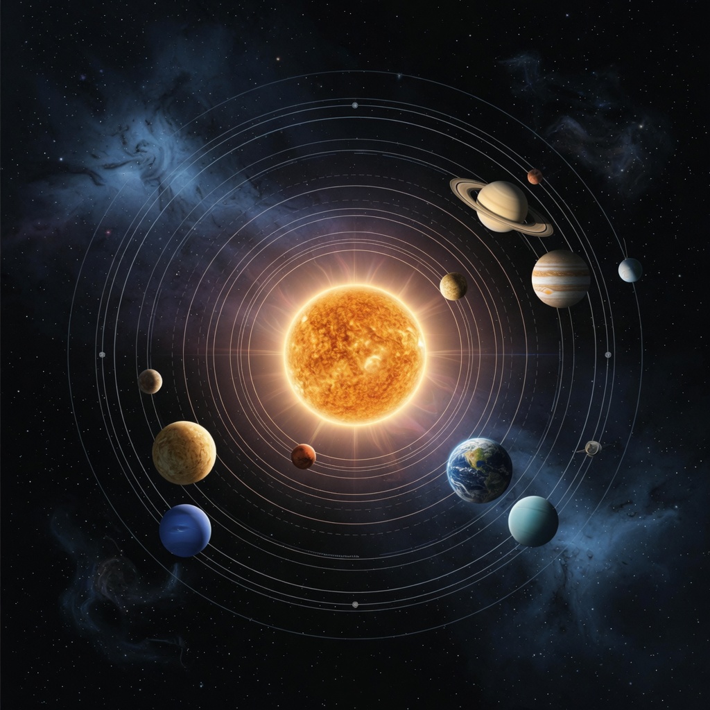 Stylized solar system with orbital rings